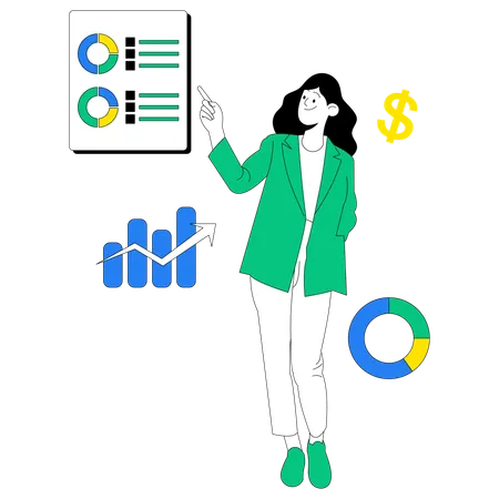 Geschäftsfrau analysiert Geschäftsdiagramm  Illustration