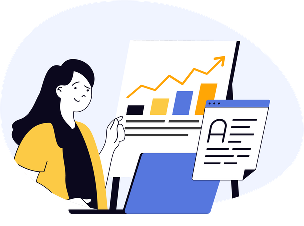 Geschäftsfrau analysiert Marketing-Umsatzdiagramm  Illustration