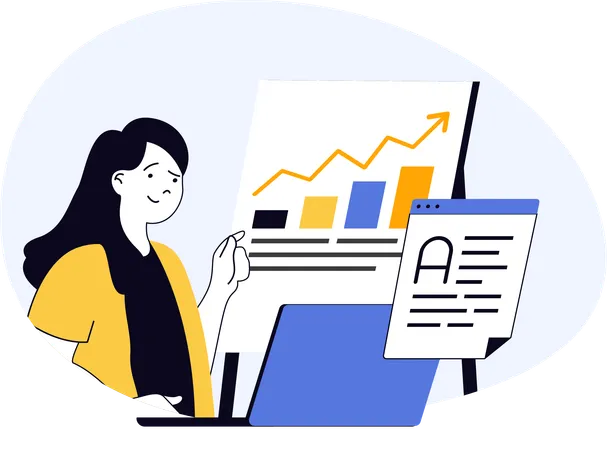 Geschäftsfrau analysiert Marketing-Umsatzdiagramm  Illustration