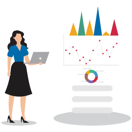 Geschäftsfrau analysiert Marketingdaten, um Ideen für die Geschäftsplanung zu finden  Illustration