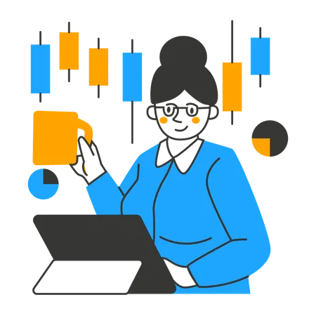 Geschäftsfrau betrachtet Candlestick-Diagramm  Illustration