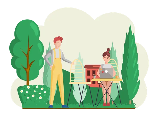 Geschäftsfrau arbeitet am Laptop im park  Illustration