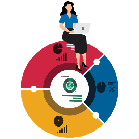 Geschäftsfrau arbeitet am Laptop mit globalem Portfolio  Illustration