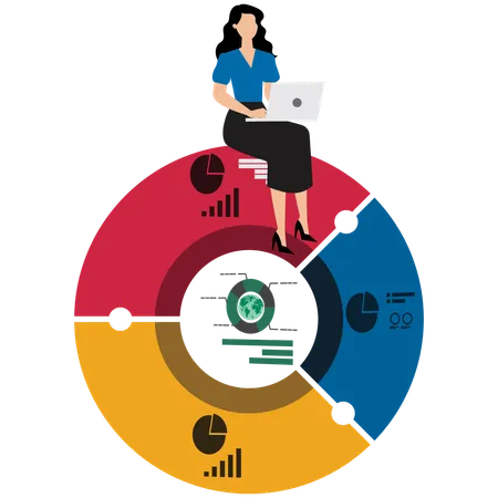 Geschäftsfrau arbeitet am Laptop mit globalem Portfolio  Illustration