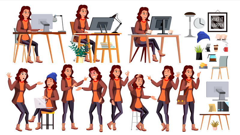 Geschäftsfrau, die mit unterschiedlicher Geste am Schreibtisch im Büro arbeitet  Illustration