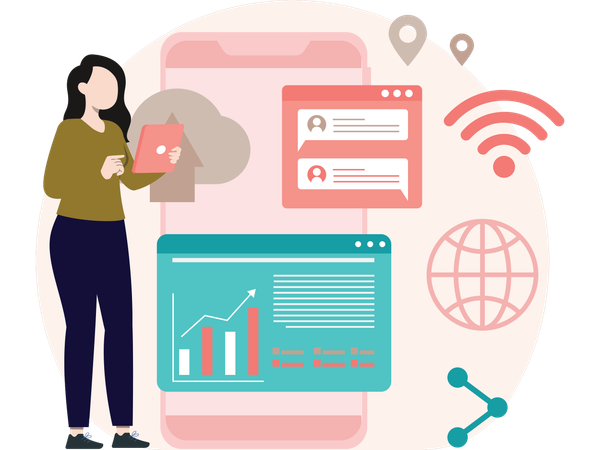 Geschäftsfrau arbeitet an Cloud-Datenanalyse  Illustration