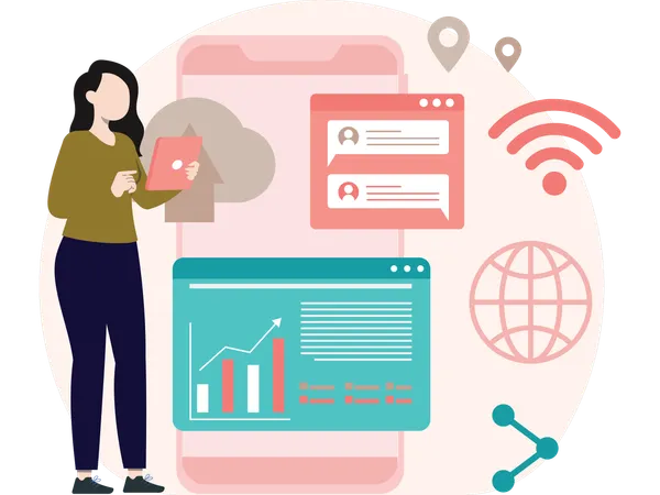 Geschäftsfrau arbeitet an Cloud-Datenanalyse  Illustration