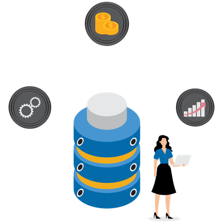 Geschäftsfrau arbeitet an Datenbanksystem  Illustration