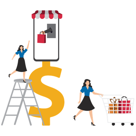 Geschäftsfrau, die an einem E-Commerce-Shop arbeitet  Illustration