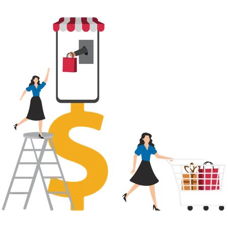 Geschäftsfrau, die an einem E-Commerce-Shop arbeitet  Illustration