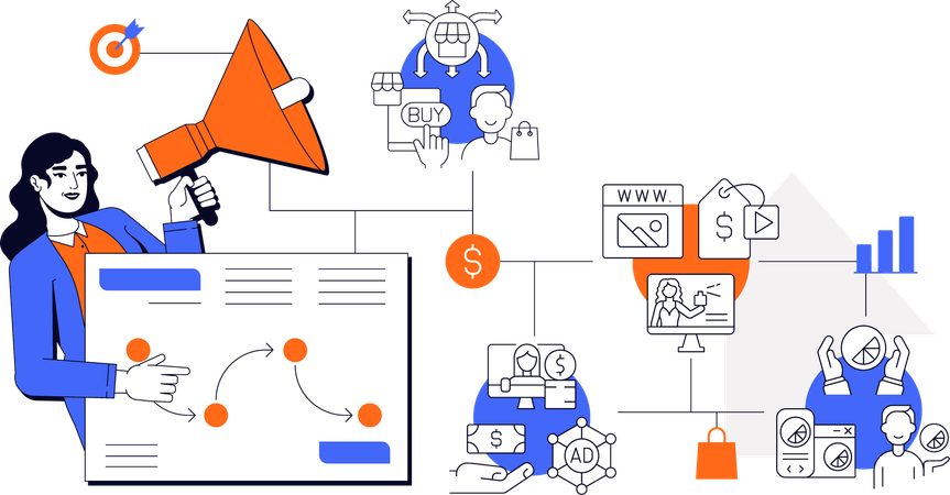 Geschäftsfrau arbeitet an Marketingstrategie  Illustration