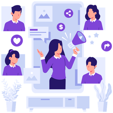 Geschäftsfrau, die im Empfehlungsmarketing arbeitet  Illustration
