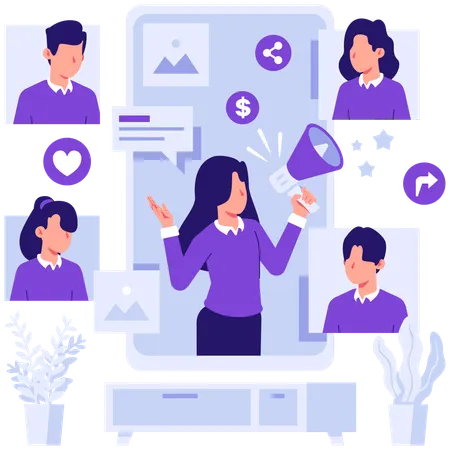 Geschäftsfrau, die im Empfehlungsmarketing arbeitet  Illustration