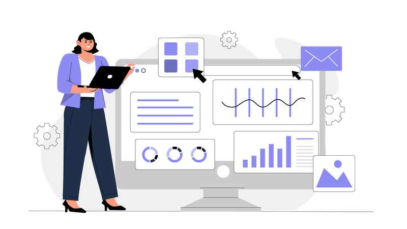 Geschäftsfrau arbeitet an Online-SEO-Analyse  Illustration