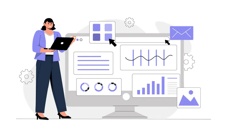 Geschäftsfrau arbeitet an Online-SEO-Analyse  Illustration