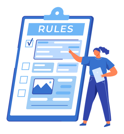 Geschäftsfrau arbeitet an Regeln-Checkliste  Illustration