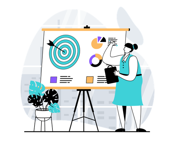 Geschäftsfrau arbeitet an strategischen Schritten  Illustration