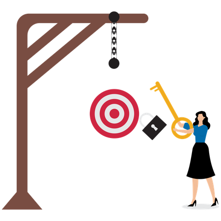 Geschäftsfrau öffnet Ziel in Käfig mit Schlüssel  Illustration