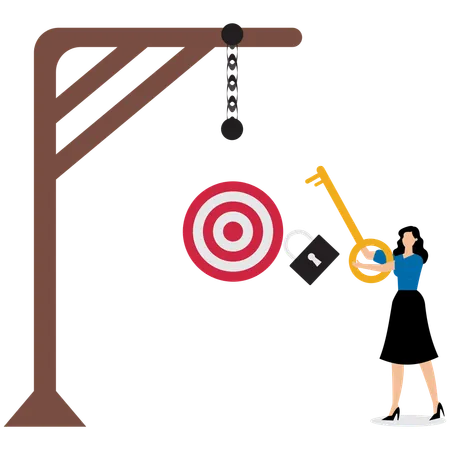 Geschäftsfrau öffnet Ziel in Käfig mit Schlüssel  Illustration