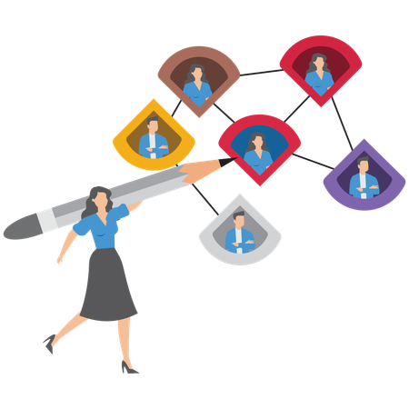 Geschäftsfrau verbindet Netzwerkdiagramm mit Bleistift symbolisiert soziale Verbindung für Geschäftsmöglichkeiten  Illustration