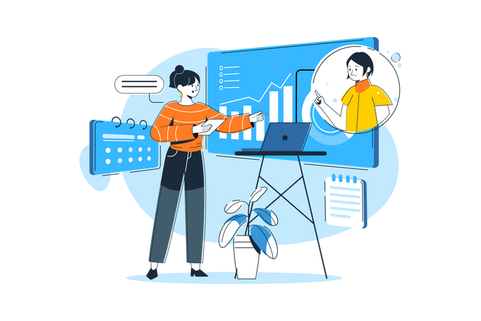 Geschäftsfrau, die an einer Geschäftspräsentation arbeitet  Illustration