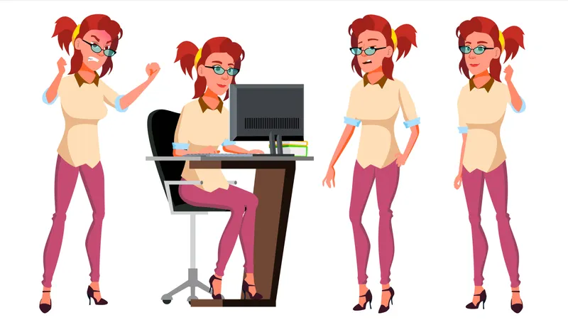Geschäftsfrau, Die Im Büro Mit Verschiedenen Gesten Arbeitet  Illustration