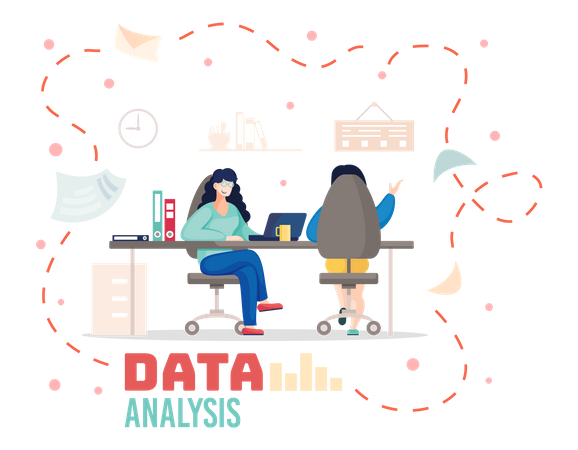 Geschäftsfrau diskutiert über Datenanalyse  Illustration