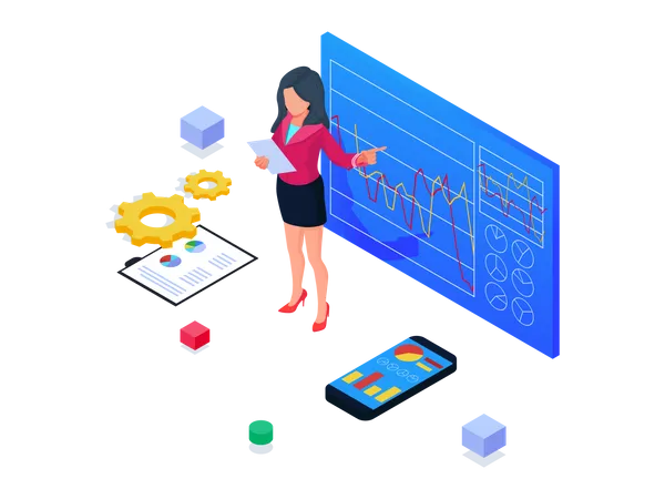 Einführung einer Geschäftsfrau zur Grafik für Unternehmensinvestitionen  Illustration