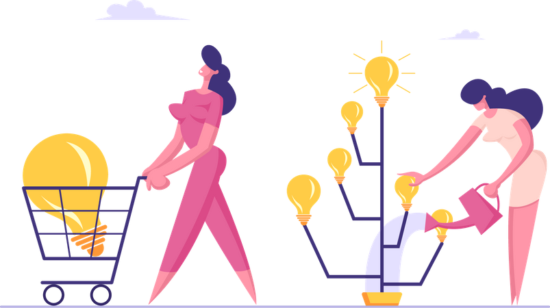 Geschäftsfrau und Erfinderin züchtet Ideenbaum mit Glühbirnen statt Blättern und gibt anderen Menschen die Ernte  Illustration