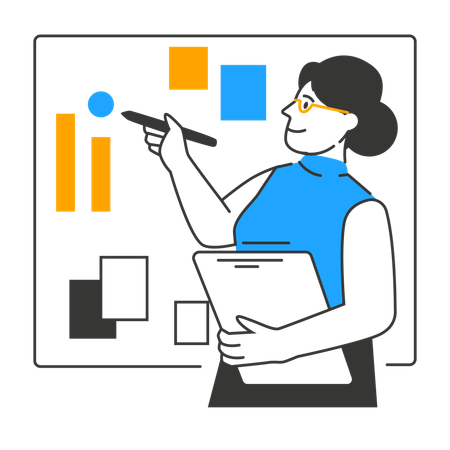 Geschäftsfrau erklärt Marktstrategien  Illustration