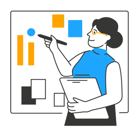 Geschäftsfrau erklärt Marktstrategien  Illustration