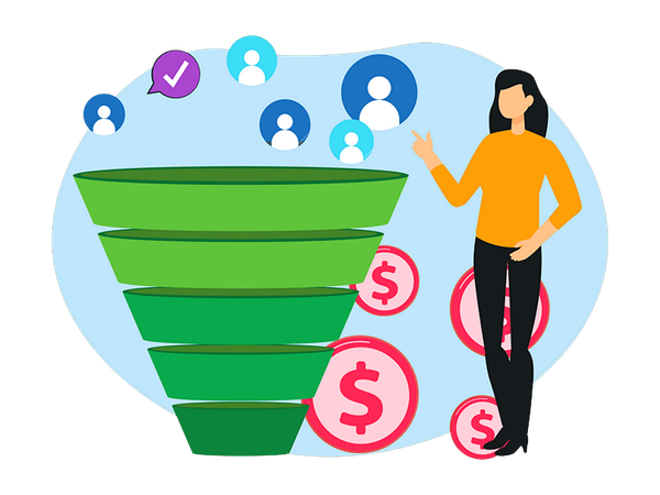 Geschäftsfrau erzählt vom Marketing-Funnel  Illustration