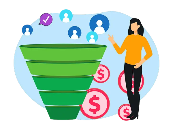 Geschäftsfrau erzählt vom Marketing-Funnel  Illustration