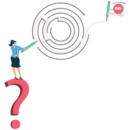 Geschäftsfrau findet Labyrinthlösung mit KI, um Ideen und Kreativität zu fördern  Illustration