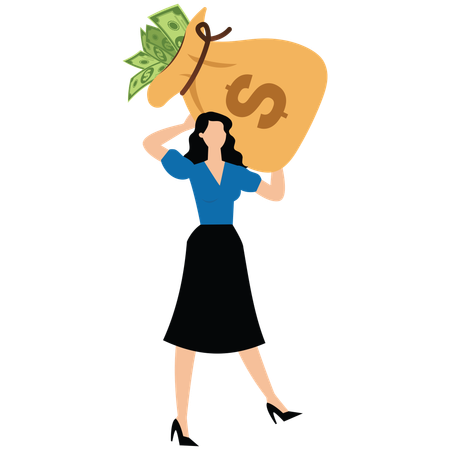 Geschäftsfrau geht und trägt einen großen, schweren Sack voller Bargeld  Illustration