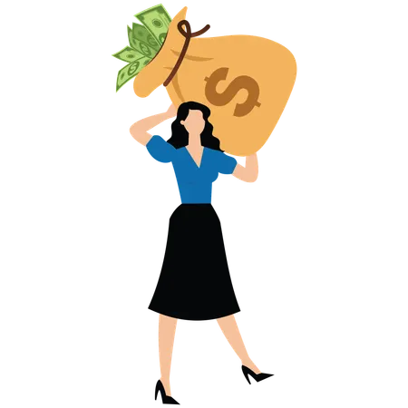 Geschäftsfrau geht und trägt einen großen, schweren Sack voller Bargeld  Illustration