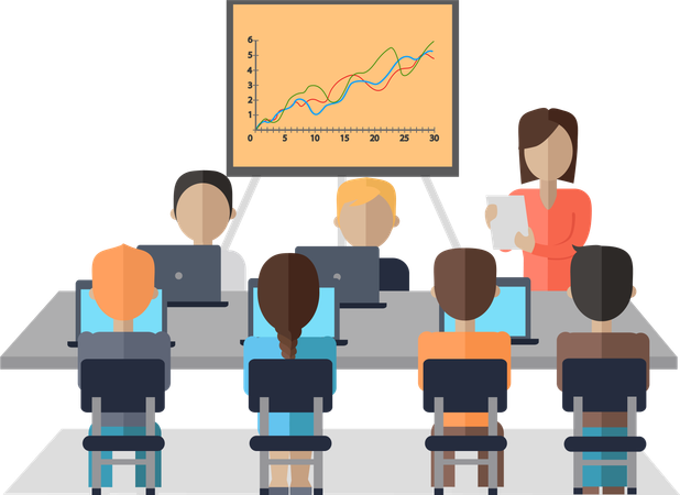 Geschäftsfrau gibt betriebswirtschaftliche Schulungen  Illustration