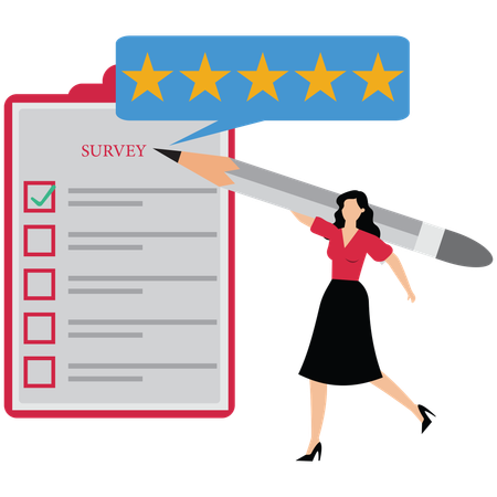 Geschäftsfrau gibt in Feedback-Umfrage mit Bleistift Fünf-Sterne-Bewertung ab  Illustration