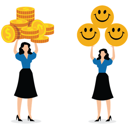 Eine Geschäftsfrau hält einen Haufen Geld, eine andere Geschäftsfrau hält einen Haufen Smiley-Symbole  Illustration