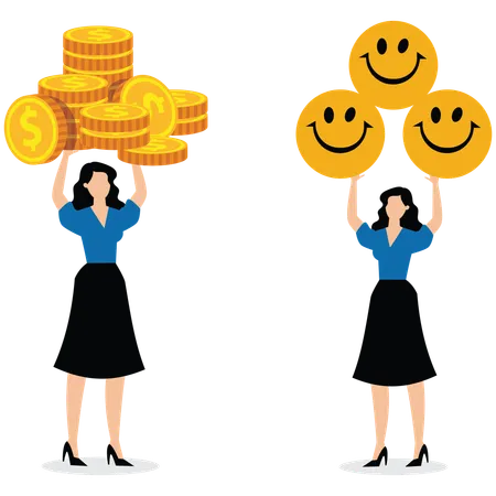 Eine Geschäftsfrau hält einen Haufen Geld, eine andere Geschäftsfrau hält einen Haufen Smiley-Symbole  Illustration