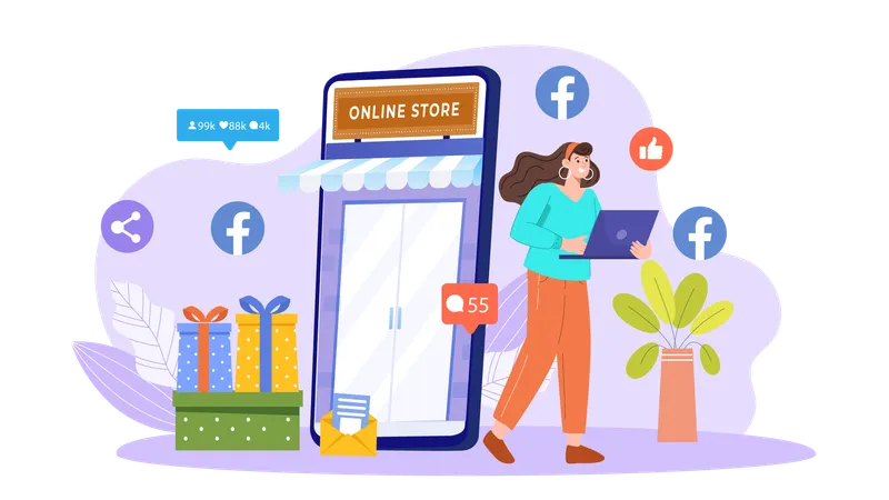 Geschäftsfrau stellt ihr Produkt zum Verkauf in Facebook-Onlineshop bereit  Illustration