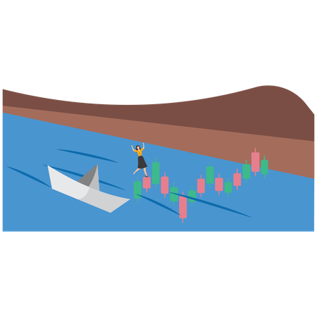 Geschäftsfrau und Investorin geht vorsichtig an Rettungsring aus Investment-Balkendiagramm vorbei  Illustration