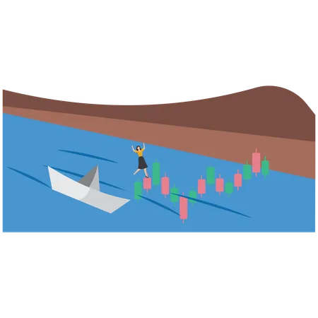 Geschäftsfrau und Investorin geht vorsichtig an Rettungsring aus Investment-Balkendiagramm vorbei  Illustration