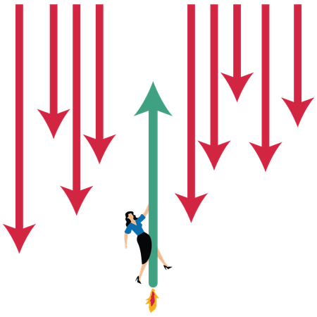 Geschäftsfrau klammerte sich an Pfeil nach oben unter Pfeilen nach unten um  Illustration