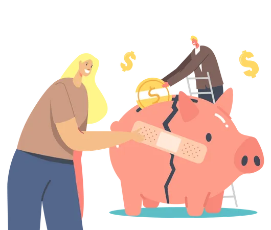 Geschäftsfrau klebt Patch auf kaputtes Sparschwein  Illustration