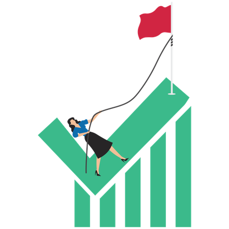 Geschäftsfrau klettert Häkchen-Schild hoch, um Flagge am Gipfel zu erreichen  Illustration