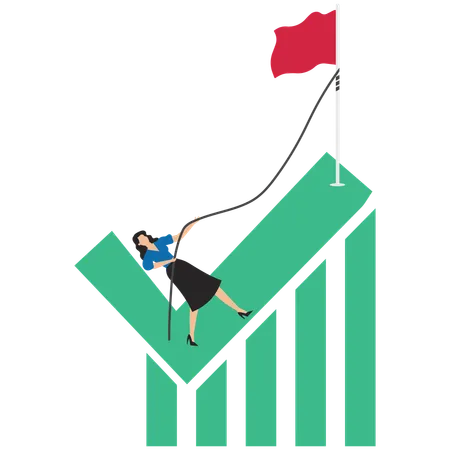 Geschäftsfrau klettert Häkchen-Schild hoch, um Flagge am Gipfel zu erreichen  Illustration