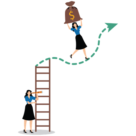 Geschäftsfrau klettert Leiter hinunter vor Abwärtstrenddiagramm, während ein anderer Investor Geldsack vor Aufwärtstrenddiagramm trägt  Illustration