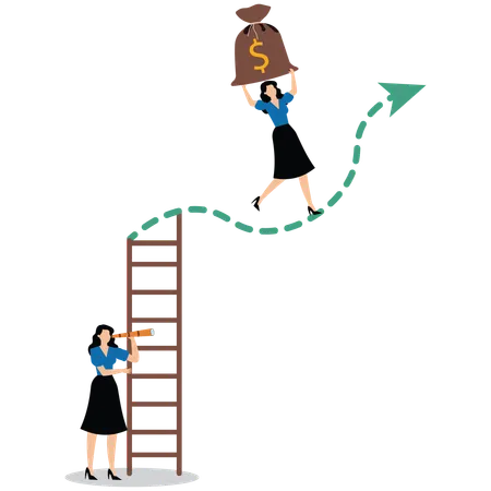 Geschäftsfrau klettert Leiter hinunter vor Abwärtstrenddiagramm, während ein anderer Investor Geldsack vor Aufwärtstrenddiagramm trägt  Illustration