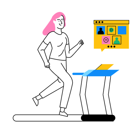 Geschäftsfrau läuft auf Laufband während sie an einem Online-Meeting teilnimmt  Illustration